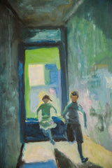 Children move through vivid green and blue light in Grace B. Keogh oil painting.