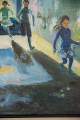 Bottom right of Grace B. Keogh painting, dark abstract brushstrokes and pale blue accents.