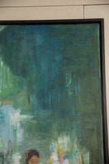 Canvas texture with layered teal and dark green paint, black frame showing imperfection.