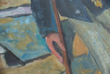 Textured oil paint and visible canvas weave detail in blues, tans, and deep grays.