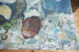 Detail of Grace B. Keogh oil painting, thick brushstrokes, and blue 