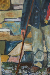 Detail from painting 'Francisco' showing dark blue jacket, brown staff, and pale trousers.