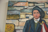 Grace B. Keogh painting detail of blue jacket, green vest, and red-white fabric.