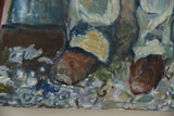Expressive impasto brushstrokes in deep blue, brown, and light gray on oil canvas painting.