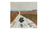 Grace B. Keogh oil painting: girl in red hat runs on a snow-covered path.