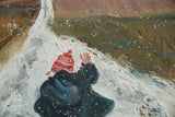 Textured oil paint showing red hat, dark coat, and white snow details.