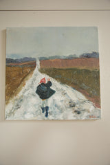 Painting detail: textured snow, brown field, and Grace B. Keogh's red signature.