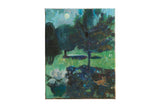 Grace B. Keogh oil painting: moonlit night garden, dark trees, green foliage, small cat. 14x18.