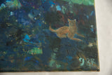 Textured oil painting 'Night Garden' with a brown cat and artist's initials GBK.