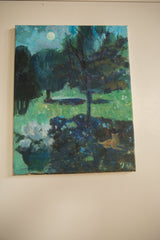 Grace B. Keogh Night Garden painting with a light brown cat and artist initials GBK.