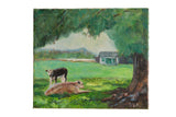 Grace B. Keogh oil painting of two cows in a green field, 14x16.