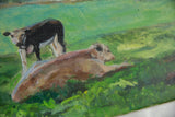 Textured green brushstrokes on canvas with resting brown cow, Grace B. Keogh painting.