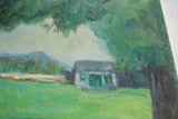 Textured oil paint on green foliage, hazy distant house, by Keogh.