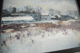 Textured white snow and muted reeds in the winter landscape painting's foreground.