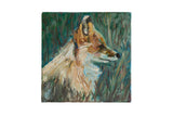 Grace B. Keogh oil painting 'Fox', textured reddish fur against a green background.