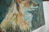 Thick brushstrokes show the fox's fur and impasto texture in blue and cream.