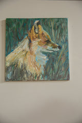 Detail of the fox painting, showing textured orange, white, and brown oil brushstrokes.