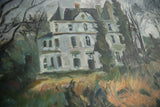 Grace B. Keogh French chateau painting detail, showing textured roof and bare trees.