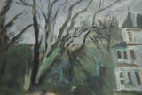 Textured canvas with painterly brushstrokes depicting tree branches and chateau roof.