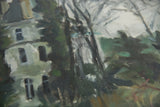 Close-up of Grace B. Keogh oil painting, showing textured brushstrokes in muted greens and grays.
