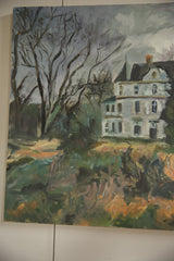 Oil on canvas painting with expressive brushwork, capturing a muted chateau scene.