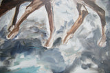 Textured oil on canvas detail of deer legs and abstract brushstrokes.