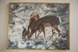 Grace B. Keogh oil painting shows expressive brushstrokes, two deer, winter tones.