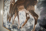 Grace B. Keogh painting close-up: textured brown deer legs, muted background, wooden frame.