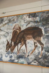 Textured blue and gray oil strokes, partial deer legs, and wooden frame.