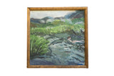 Grace B. Keogh 'Swim' oil painting: swimmer in green landscape with wood frame.