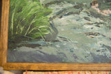 Lush green brushstrokes of foliage and serene blue-green water within a wood frame.