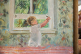 Detail of Grace B. Keogh oil on canvas painting, showing textured wall and handmade wooden frame.