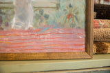 Oil on canvas with wavy red lines, muted colors, and a wooden frame.