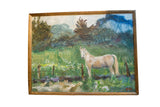 Grace B. Keogh oil painting, a pale horse in a vibrant green field with a wooden frame.