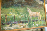 Angled view of Grace B. Keogh's horse in field oil painting, with visible signature.