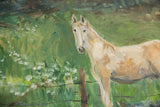 Light-colored horse's body, brown fence post, and vibrant green field with white flora.