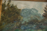 Textured oil brushstrokes on canvas, Grace B. Keogh painting, featuring greens, browns, blues, framed edge.