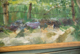 Textured brushstrokes of green and beige on the lower edge of the painting's field.