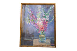 Grace B. Keogh oil painting of pink, purple foxgloves, blue background, handmade wood frame.
