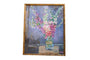 Grace B. Keogh oil painting of pink, purple foxgloves, blue background, handmade wood frame.