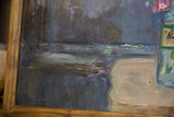 Detail of oil on canvas painting's lower left with textured blue and gray strokes.