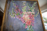 Textured pink and red foxglove blooms and blue vase in oil painting.