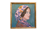 Grace B. Keogh oil painting of Melissa, floral headscarf, teal background, wooden frame.