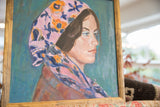 Grace B. Keogh 'Portrait of Melissa' oil painting, woman in pink floral headscarf, wood frame.