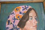 Subject's blue eye and pink floral headscarf with textured oil paint in wooden frame.