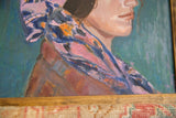 Detail of painting revealing visible brushstrokes, woman's lips, and colorful patterned garment.