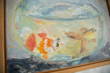 Thick impasto texture of two goldfish in blue-green water, within wooden frame.