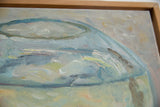 Top right corner detail of textured oil paint and handmade wooden frame.