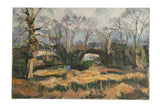 Grace B. Keogh oil on canvas landscape with a bridge, bare trees, and golden fields.