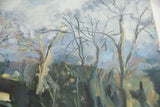 Textured oil paint showing bare tree branches and a soft blue sky.